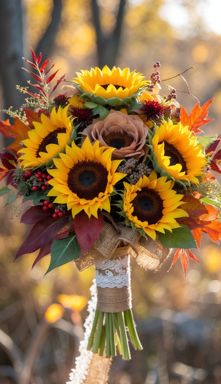 A bridal bouquet of sunflowers and autumn leaves held against a blurred outdoor fall background.
